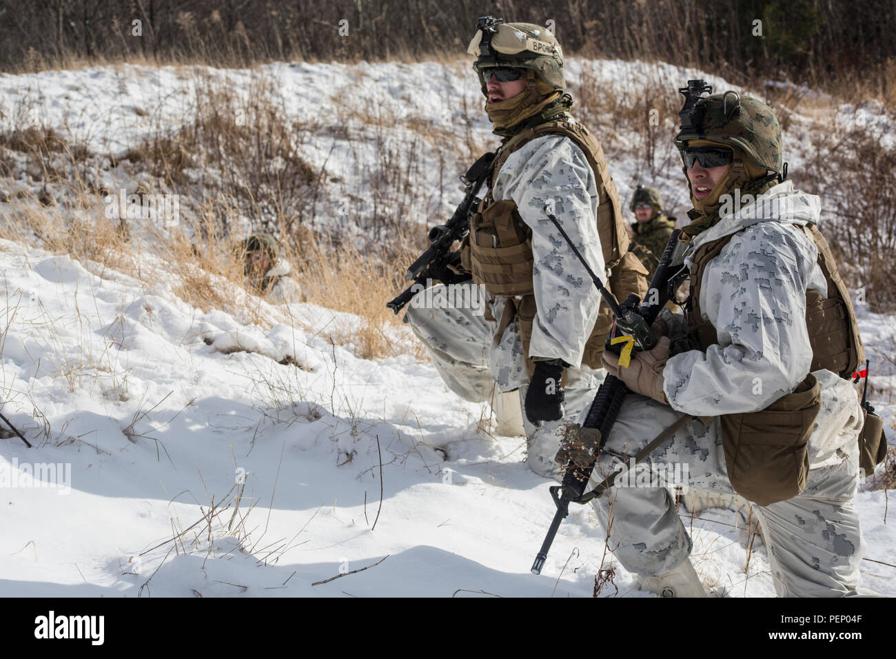 U.S. Marines with Bravo Company, 1st Battalion, 25th Marine Regiment, 4th Marine Division, Marine Forces Reserve, conduct their final exercise of Nordic Frost on U.S. Army Mountain Warfare Center in Ethan Allen, Vt., Jan. 13, 2016. The annual training is conducted in a cold weather mountainous environment in order to sustain offensive and defensive core competencies to stay ready, relevant and responsive. (U.S. Marine Corps photo by Lance Cpl. Kimberly Aguirre/Released) Stock Photo