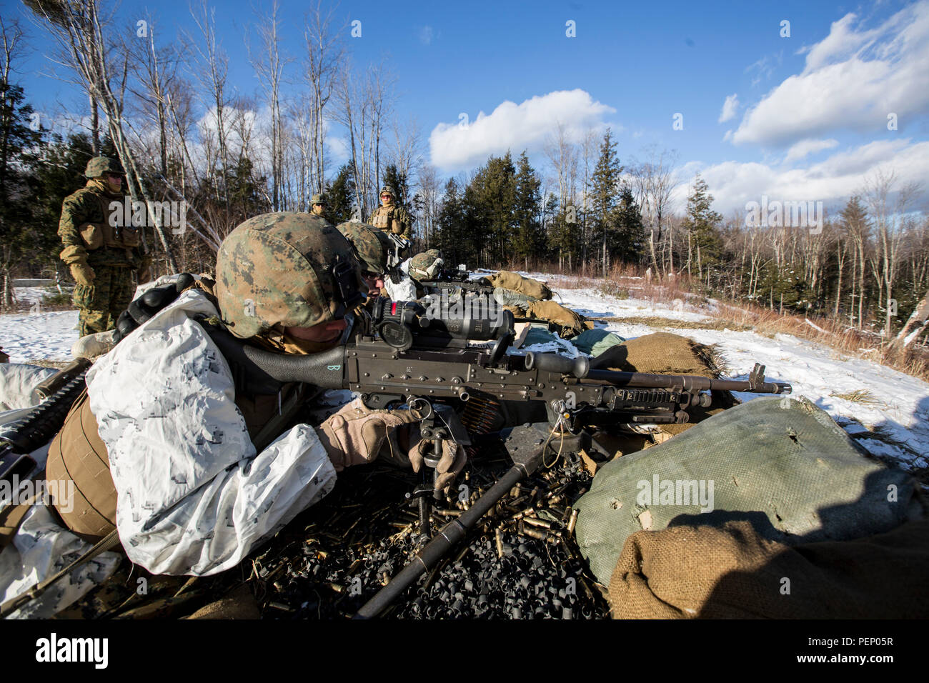 U.S. Marines with Bravo Company, 1st Battalion, 25th Marine Regiment, 4th Marine Division, Marine Forces Reserve, conduct their final exercise of Nordic Frost on U.S. Army Mountain Warfare Center in Ethan Allen, Vt., Jan. 13, 2016. The annual training is conducted in a cold weather mountainous environment in order to sustain offensive and defensive core competencies to stay ready, relevant and responsive. (U.S. Marine Corps photo by Lance Cpl. Kimberly Aguirre/Released) Stock Photo