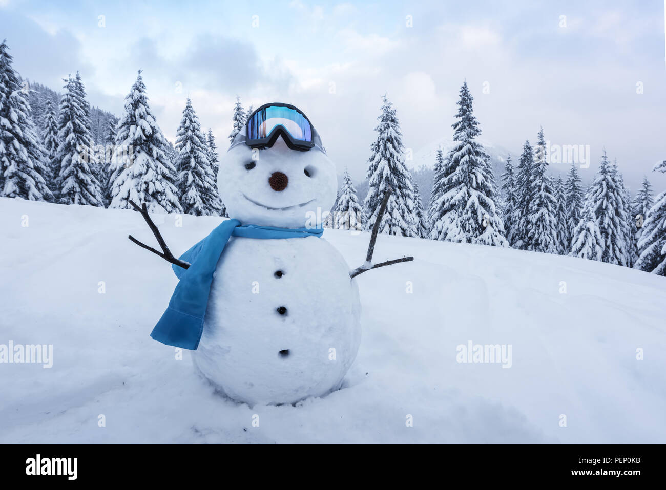 Funny snowman in ski glass Stock Photo