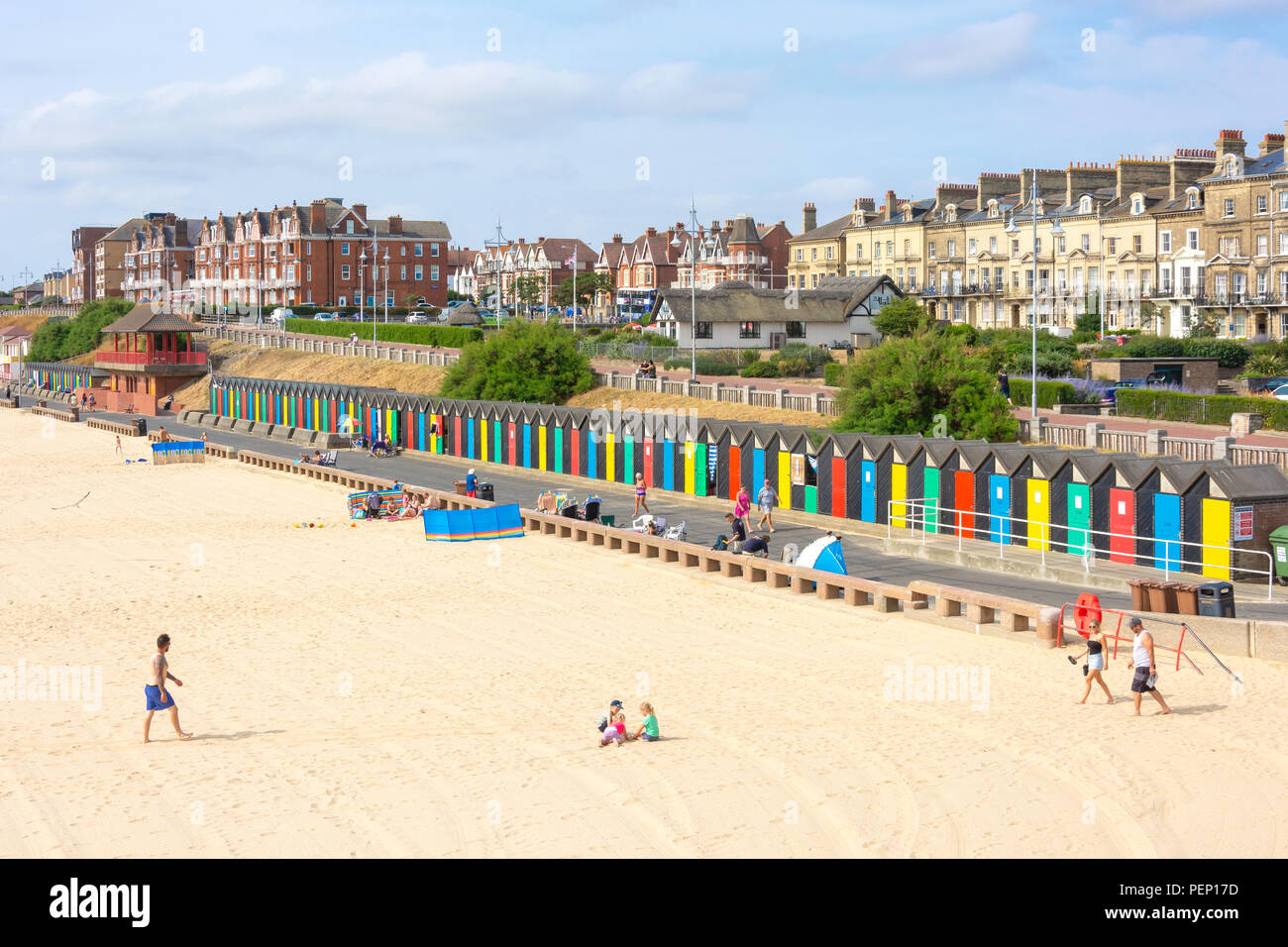 Lowestoft Beach and colourful beach huts from pier, Lowestoft, Suffolk, England, United Kingdom Stock Photo