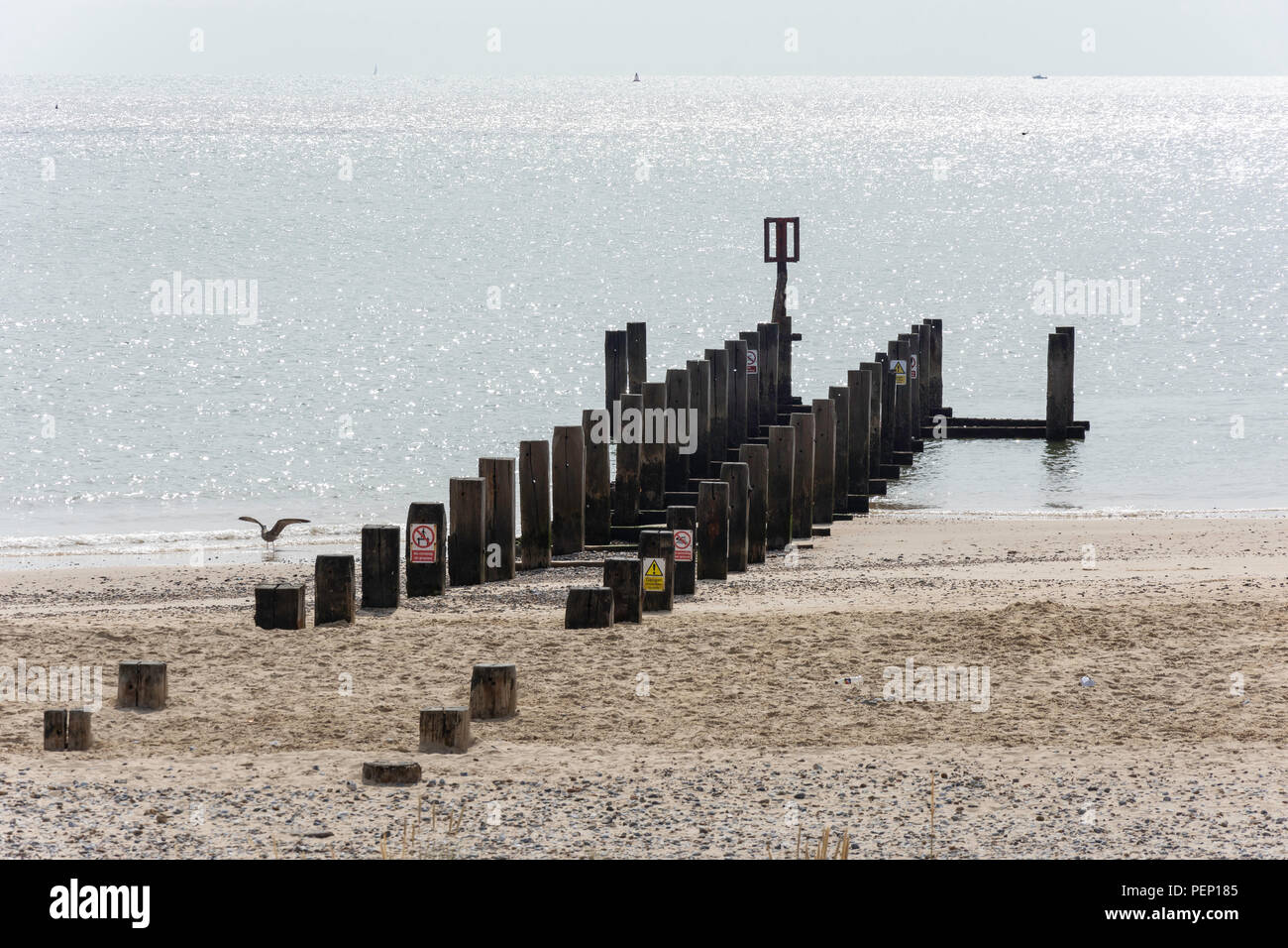 Old pier pylons on Lowestoft Beach, Lowestoft, Suffolk, England, United Kingdom Stock Photo
