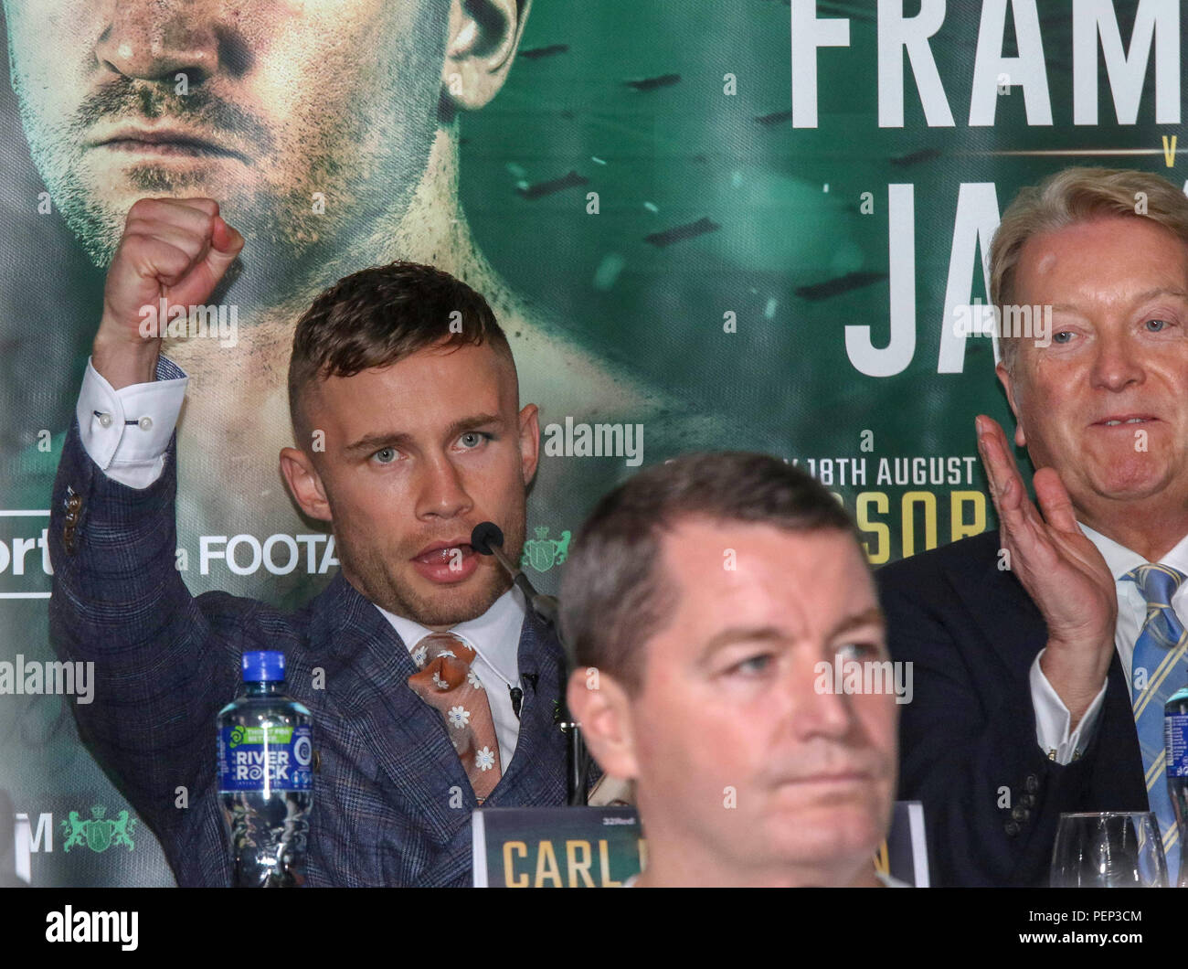 Windsor Park, Belfast, Northern Ireland. 16 August 2018. Press Conference ahead of Saturday's big fight night at the stadium in Belfast. Belfast boxer Carl Frampton (left) and boxing promoter Frank Warren. Credit: David Hunter/Alamy Live News. Stock Photo