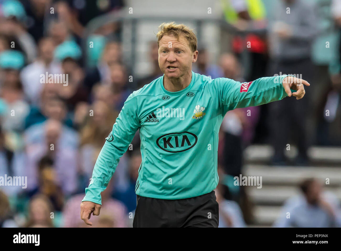 London, UK. 15 August, 2018. Gareth Batty fielding for Surrey against Hampshire in the Vitality T20 Blast match at the Kia Oval. David Rowe/Alamy Live News Stock Photo