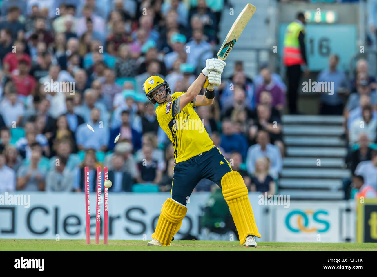 London, UK. 15 August, 2018. Sam Northeast batting for Hampshire, is bowled by Surrey captain Jade Dernbach,  in the Vitality T20 Blast match at the Kia Oval. David Rowe/Alamy Live News Stock Photo