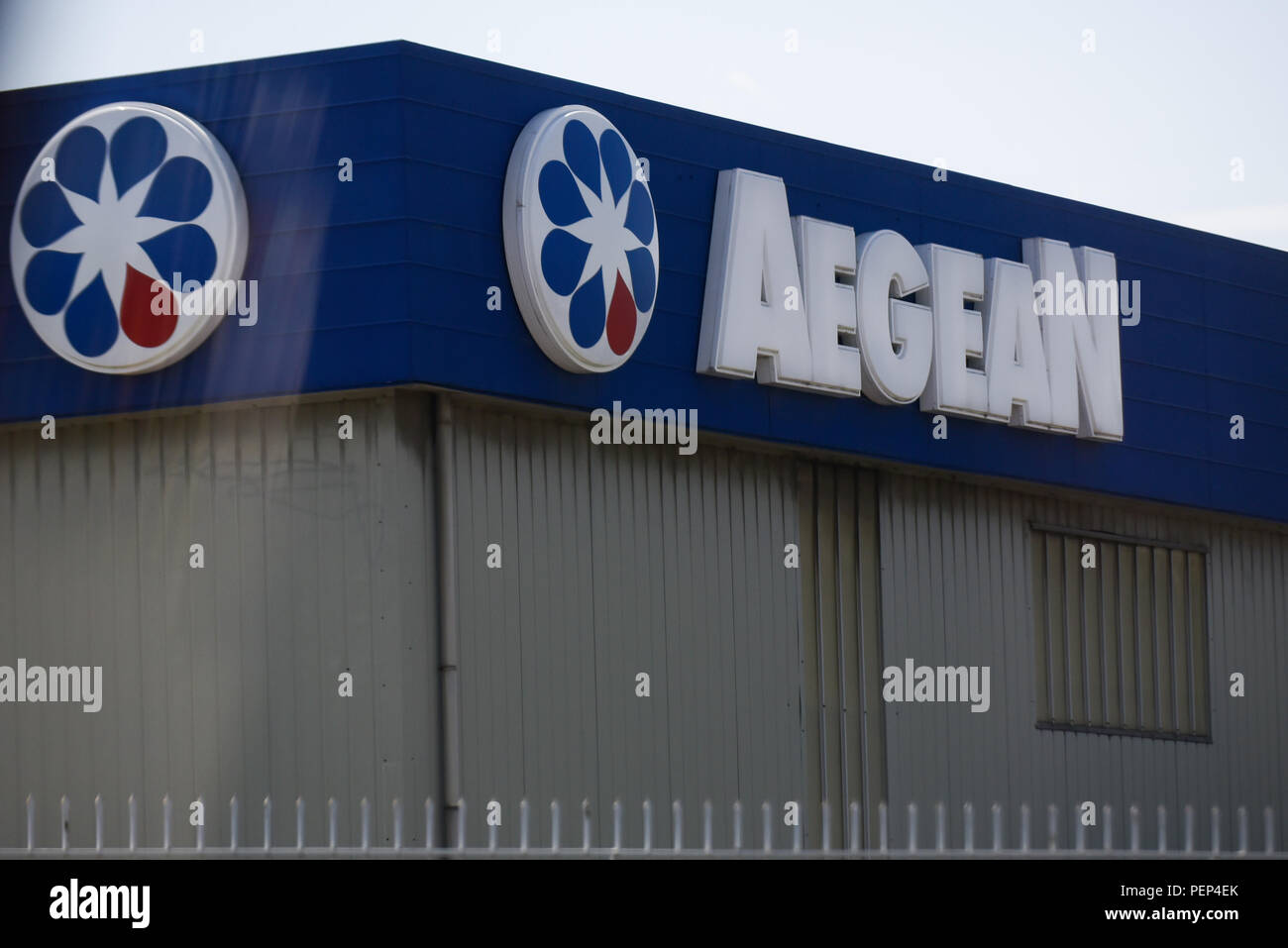 Athens, Greece. 15th Aug, 2018. Aegean gas station logo is seen in
