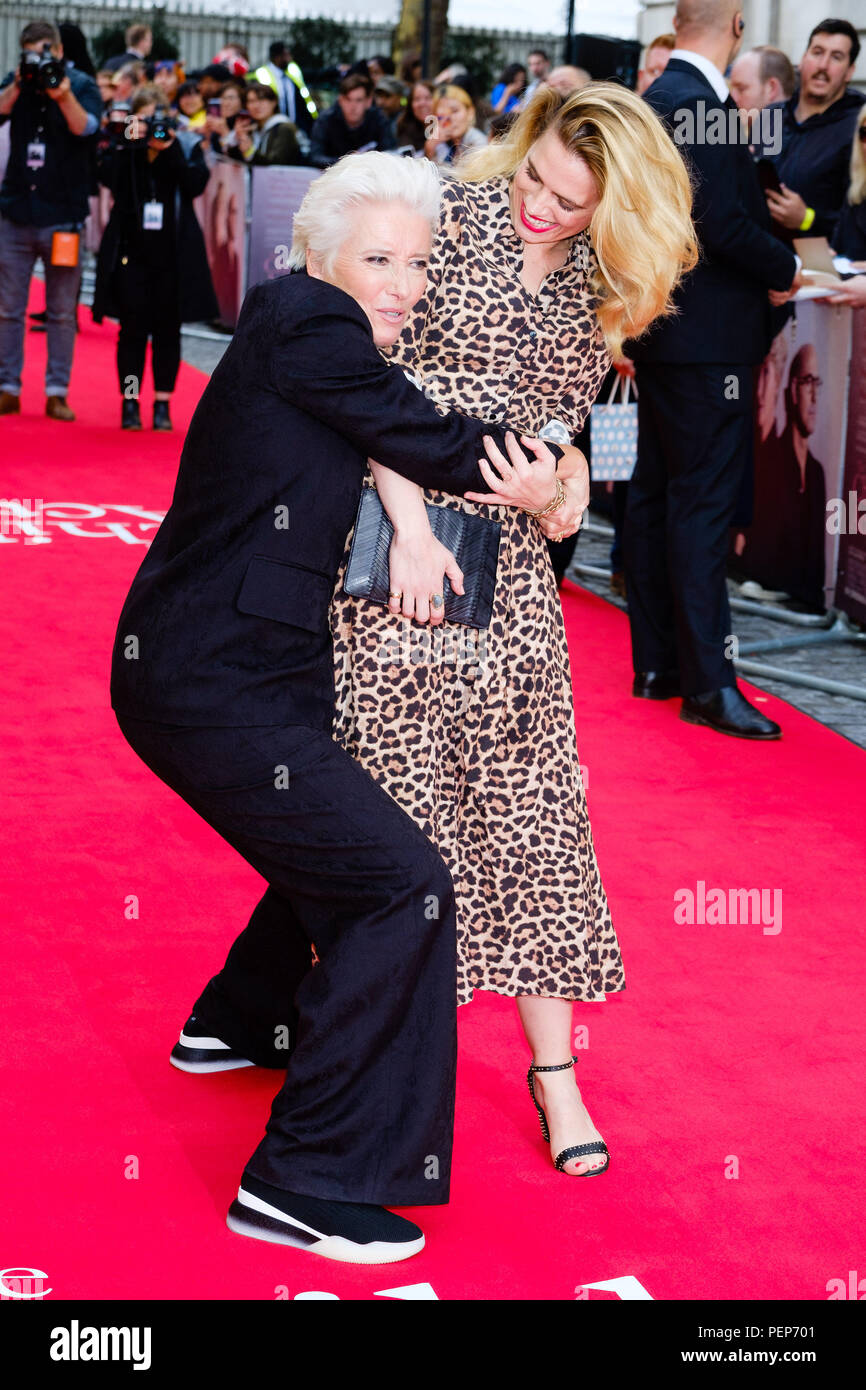 London, UK. 16th August 2018. Emma Thompson hugs Hayley Atwell at UK premiere of THE CHILDREN ACT on Thursday 16 August 2018 held at Curzon Mayfair, London. Pictured: Emma Thompson, Hayley Atwell. Credit: Julie Edwards/Alamy Live News Stock Photo