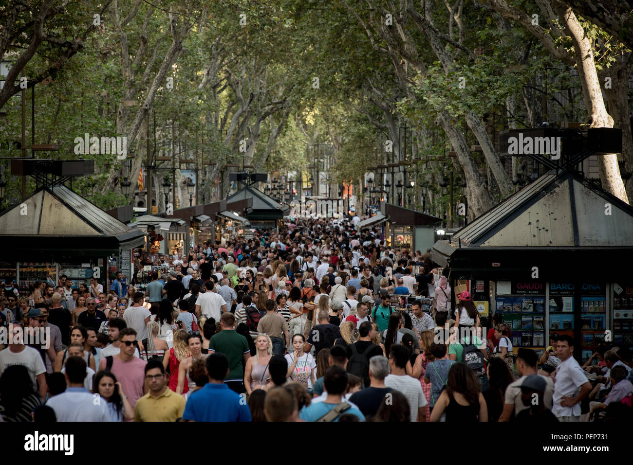 Barcelona, Spain. 16th August 2018.    People walk  Las Ramblas of Barcelona one day before the anniversary of  last year's terror attacks  wich killed  16 people and injured more than 120  when two vehicles crashed into the crowds. Credit:  Jordi Boixareu/Alamy Live News Stock Photo