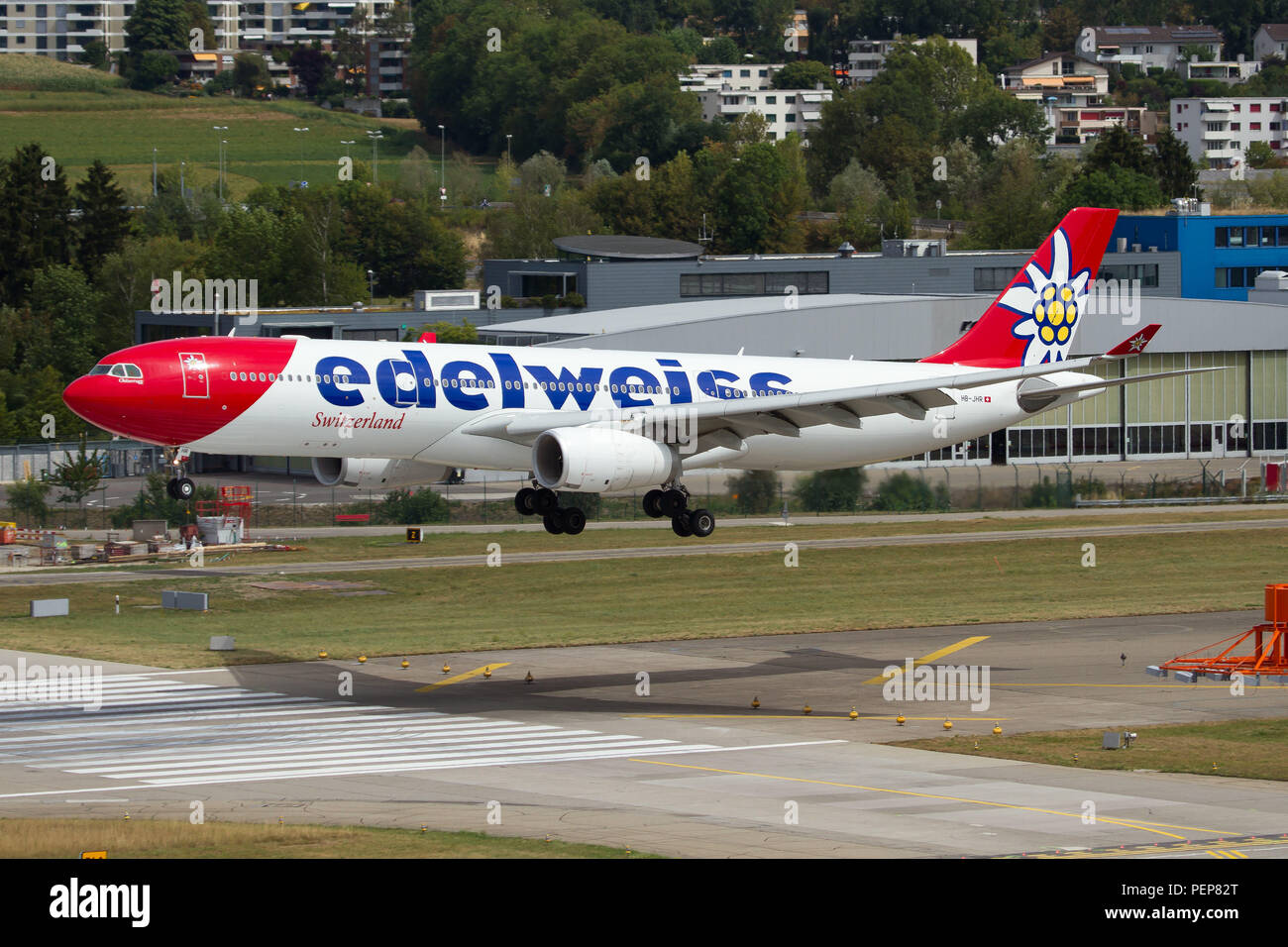 Zurich, Switzerland. 11th Aug, 2018. Edelweiss Air Airbus 330-300 landing at Zurich after a long haul trip. Credit: Fabrizio Gandolfo/SOPA Images/ZUMA Wire/Alamy Live News Stock Photo