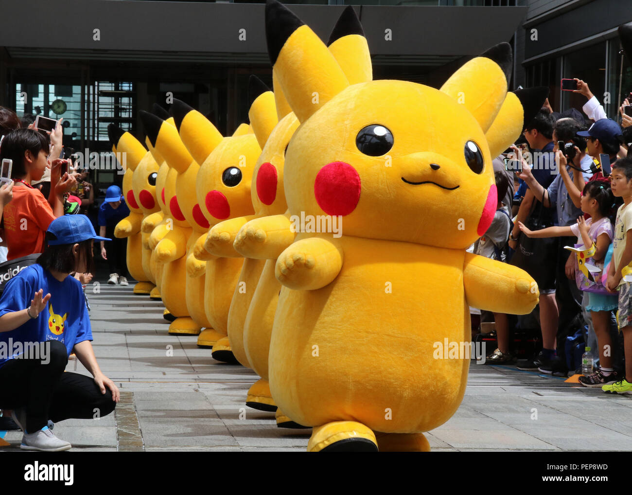 Yokohama Japan 16th Aug 18 Nintendo S Videogame Software Pokemon S Wellknown Character Pikachu March At A Shopping Mall In Yokohama Suburban Tokyo On Thursday August 16 18 The Pikachu Mascots Walk At Minatomirai
