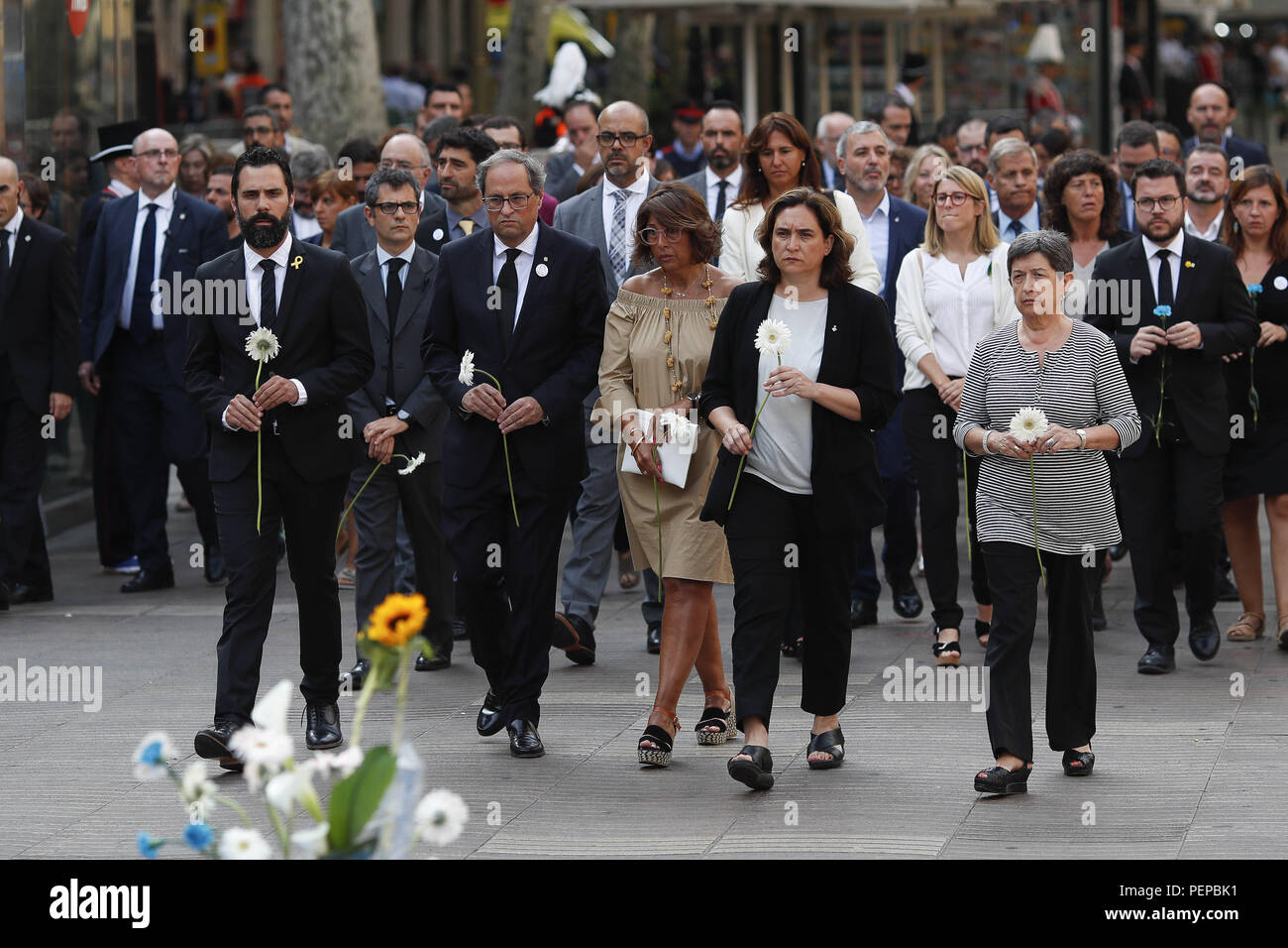 Barcelona, Catalonia, Spain. 17th Aug, 2018. August 17, 2018 - Barcelona, Spain - Tribute terrorist attack of Barcelona; Quim Torra, Ada Colau and Roger Torrent during the homenage to the victims of terror attack. Credit: Eric Alonso/ZUMA Wire/Alamy Live News Stock Photo