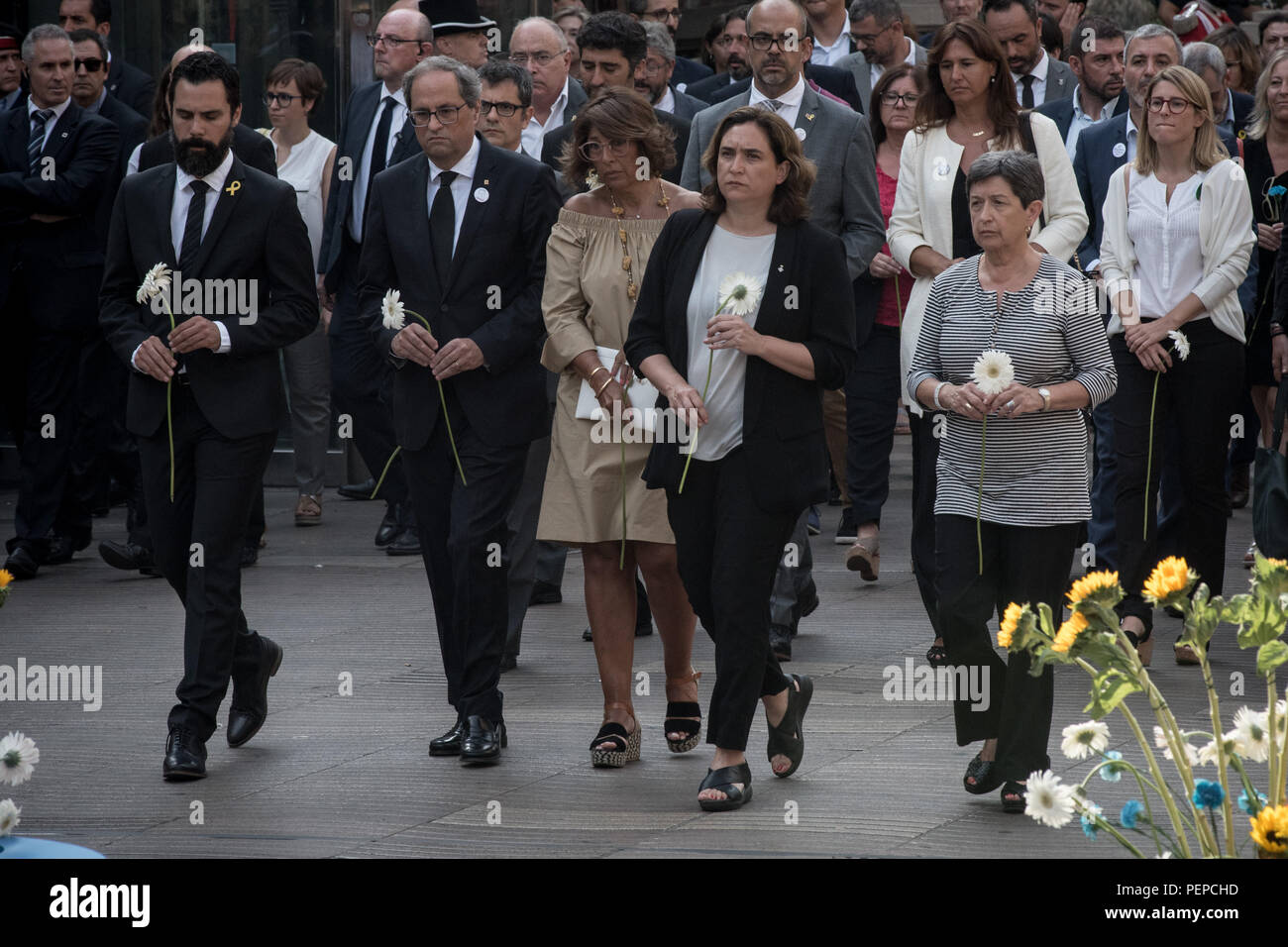 Barcelona, Catalonia, Spain. 17th Aug, 2018. Local authorities Roger Torrent, President of the Parliament of Catalonia, Quim Torra President of Catalonia, Ada Colau, Barcelona's Mayor and Teresa Cunillera, Spain's Governemnt delegate in Catalonia pay tribute in Las Ramblas of Barcelona after one year of the terror attacks that killed 16 people and injured more than 120 when two vehicles crashed into the crowds. Credit: Jordi Boixareu/ZUMA Wire/Alamy Live News Stock Photo