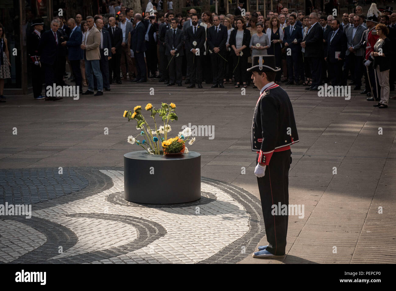 Barcelona, Catalonia, Spain. 17th Aug, 2018. Local authorities pay tribute in Las Ramblas of Barcelona after one year of the terror attacks that killed 16 people and injured more than 120 when two vehicles crashed into the crowds. Credit: Jordi Boixareu/ZUMA Wire/Alamy Live News Stock Photo