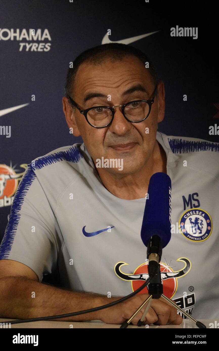 17th August,  2018   Chelsea Training Ground, Cobham, Surrey, UK   Maurizio Sarri, Chelsea Football Club's new Italian Manager, speaks to the Press in advance of their second game of the Premier League season - the local 'derby' against Arsenal in the  on Saturday. Stock Photo