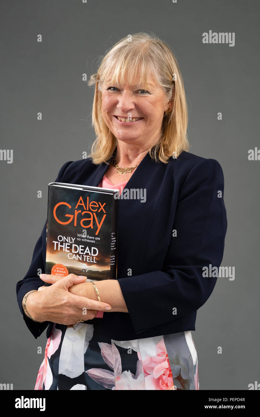 Edinburgh, Scotland, UK; 17 August, 2018. Pictured; Glasgow crime writer Alex Gray with her new book 'Only the Dead Can Tell' in which DSI Lorimer investigates a woman's brutal death and the husband who is the prime suspect. Credit: Iain Masterton/Alamy Live News Stock Photo