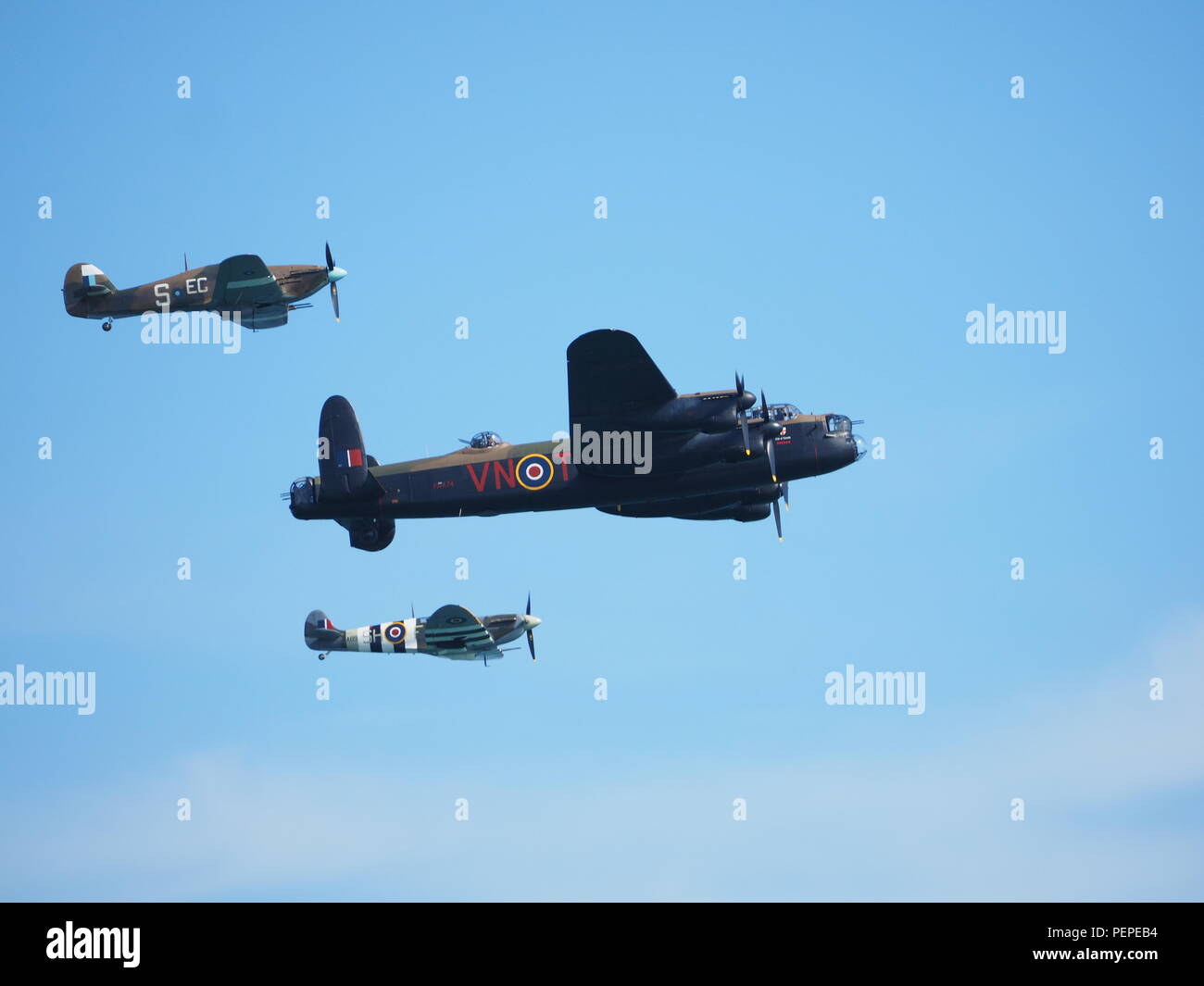 Eastbourne, UK. 17th Aug, 2018. Eastbourne Airshow: thousands lined Eastbourne seafront for day 2 of Eastbourne International Air Show in warm sunny weather. Pic: Battle of Britain Memorial Flight. Credit: James Bell/Alamy Live News Stock Photo