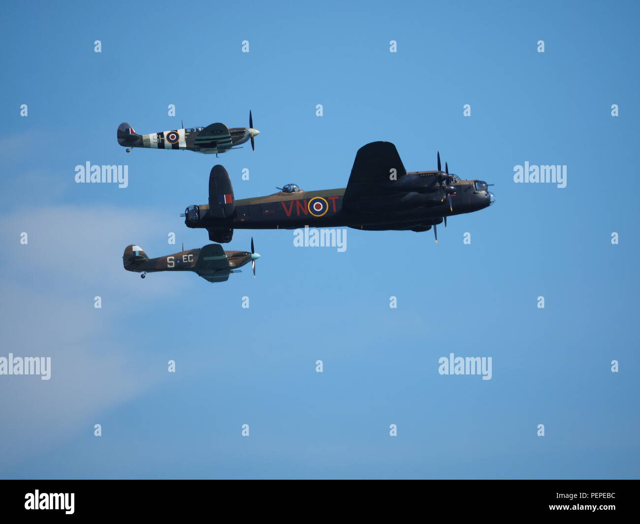 Eastbourne, UK. 17th Aug, 2018. Eastbourne Airshow: thousands lined Eastbourne seafront for day 2 of Eastbourne International Air Show in warm sunny weather. Pic: Battle of Britain Memorial Flight. Credit: James Bell/Alamy Live News Stock Photo