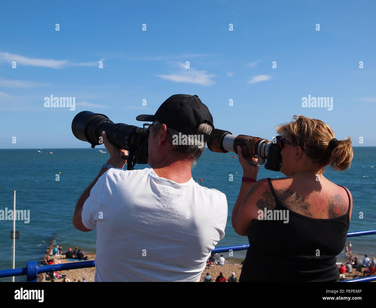 Eastbourne, UK. 17th Aug, 2018. Eastbourne Airshow: thousands lined Eastbourne seafront for day 2 of Eastbourne International Air Show in warm sunny weather. Credit: James Bell/Alamy Live News Stock Photo