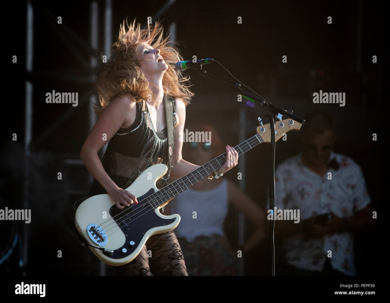 Stoermthal, Germany. 17th Aug, 2018. Charlotte Cooper, singer and bassist of the band The Subways will perform at the Highfield Festival 2018. About 35,000 fans of rock, indie and hip hop are expected to attend the 21st Highfield Festival, according to the organizers. Credit: Alexander Prautzsch/dpa-Zentralbild/dpa/Alamy Live News Stock Photo