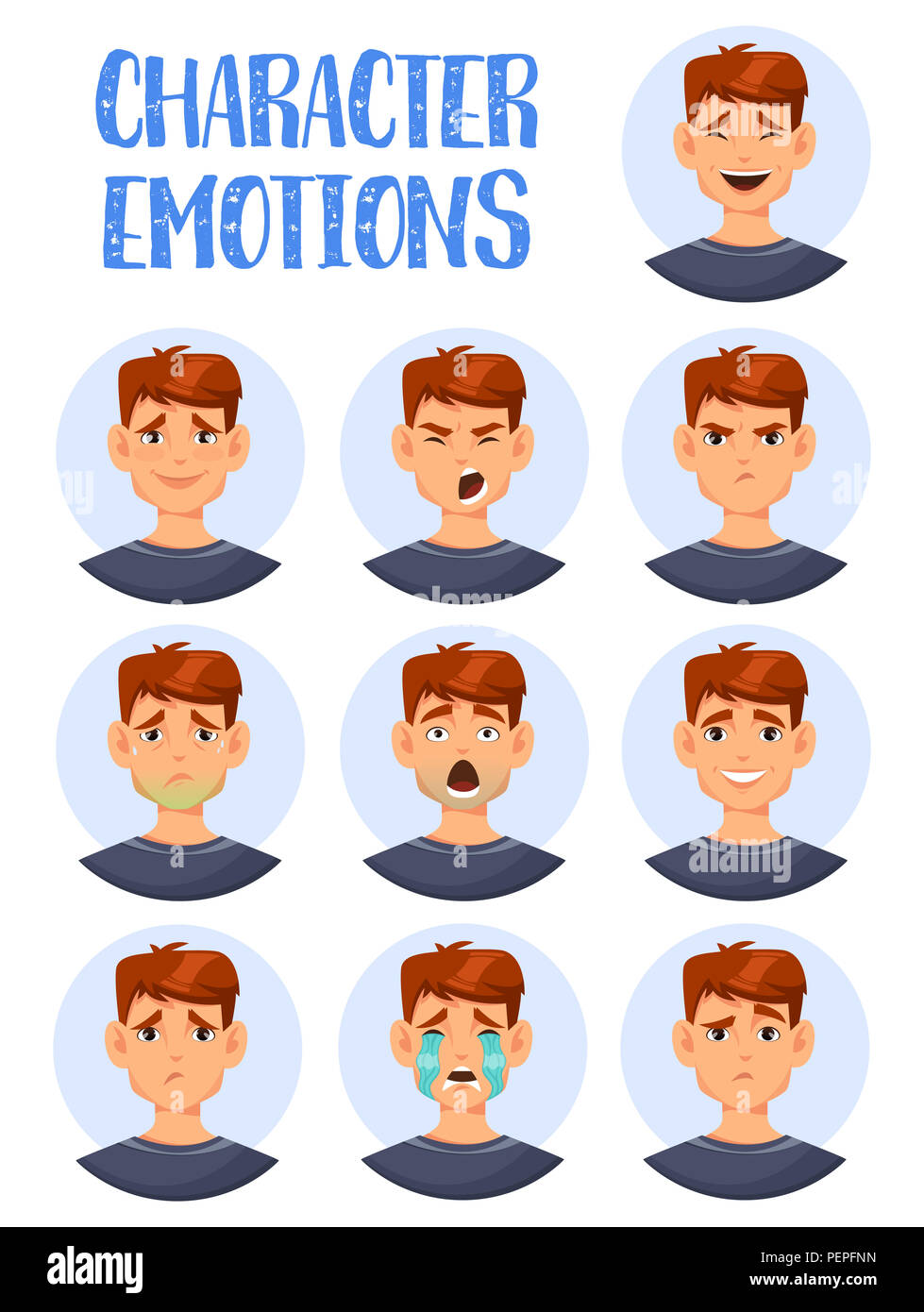 Cartoon man heads showing emotions. Boy character laughing and crying, smiling and angry, sick and confused, wondering. Guy face icons or adult facial Stock Photo