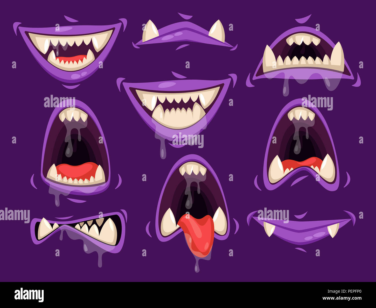 Set of isolated vampire mouth with fangs or monster lips with saliva dripping, bat jaw with tongue. Angry and mad, smiling emotion of dracula. Scary a Stock Photo