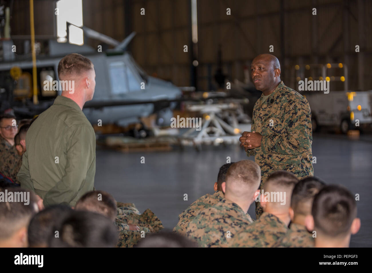 Sergeant Major of the Marine Corps, Sgt. Maj. Ronald L. Green, addressed Marines stationed at Naval Air Station Joint Reserve Base, New Orleans Jan. 19, 2016. Sgt. Maj. Green exchanged stories with the Marines of their time while serving in the Corps and how they to got where they are today. Sgt. Maj. Green commended Marines for their hard work, encouraged them to protect what they’ve earned as a Marine, and emphasized the importance of upholding the standards of the Corps on and off duty. Stock Photo