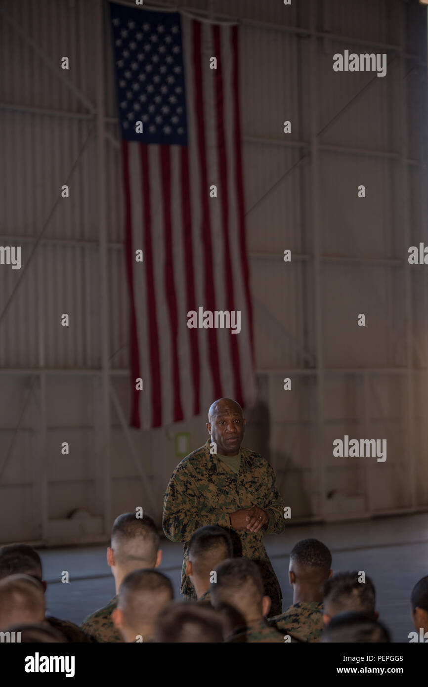 Sergeant Major of the Marine Corps, Sgt. Maj. Ronald L. Green, greets Marines with Marine Aircraft Group 49, 4th Marine Aircraft Wing, stationed at Naval Air Station Joint Reserve Base New Orleans, Jan. 19, 2016. Sgt. Maj. Green addressed the Marines as a group and individually, urging them to protect what they’ve earned as a Marine and continue to uphold the standards of the Corps on and off duty. Stock Photo