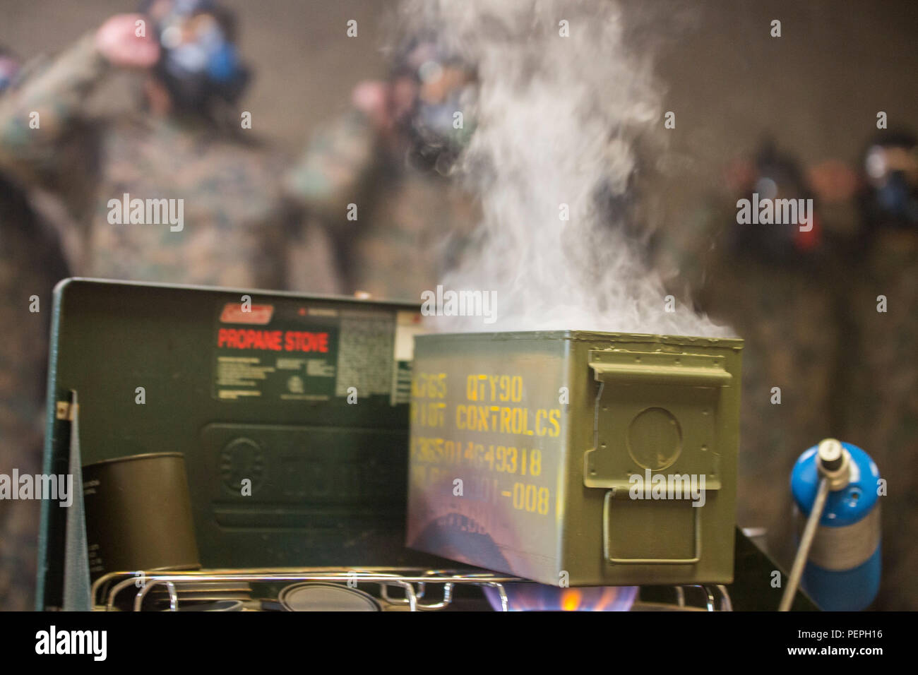 Tear gas is used during chemical warfare defense training in the gas