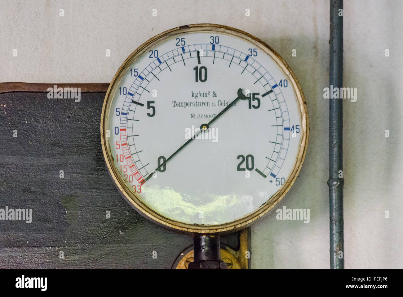 Old pressure gauges on a metal plate made of cast iron with pressure