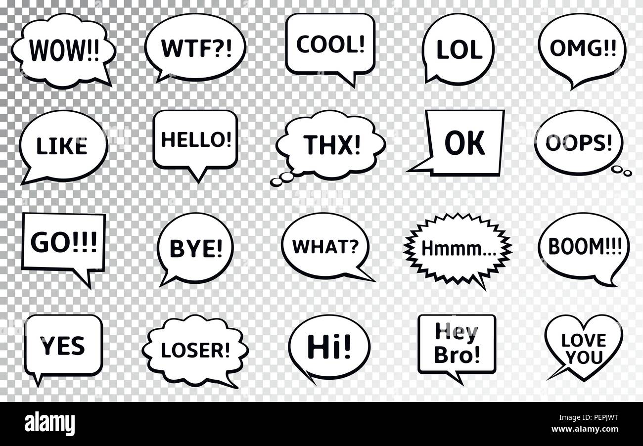 Speech bubbles set with short messages: yes, cool, omg, wow, hello, bye, and other. Vector Illustration. Stock Vector