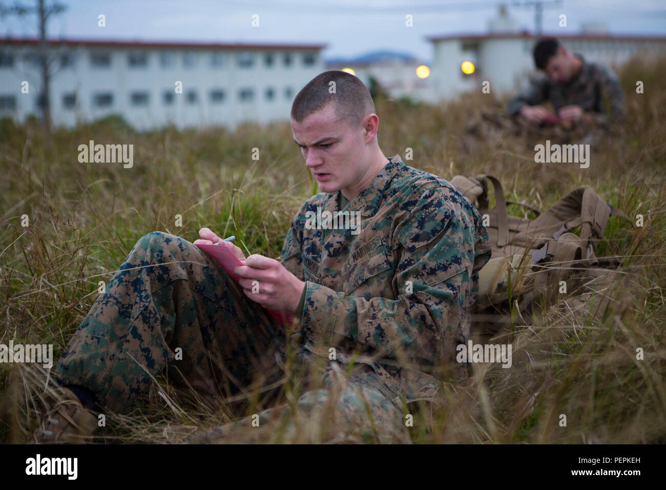 Lance Cpl. Adam Strayhorn takes an infantry knowledge test during a