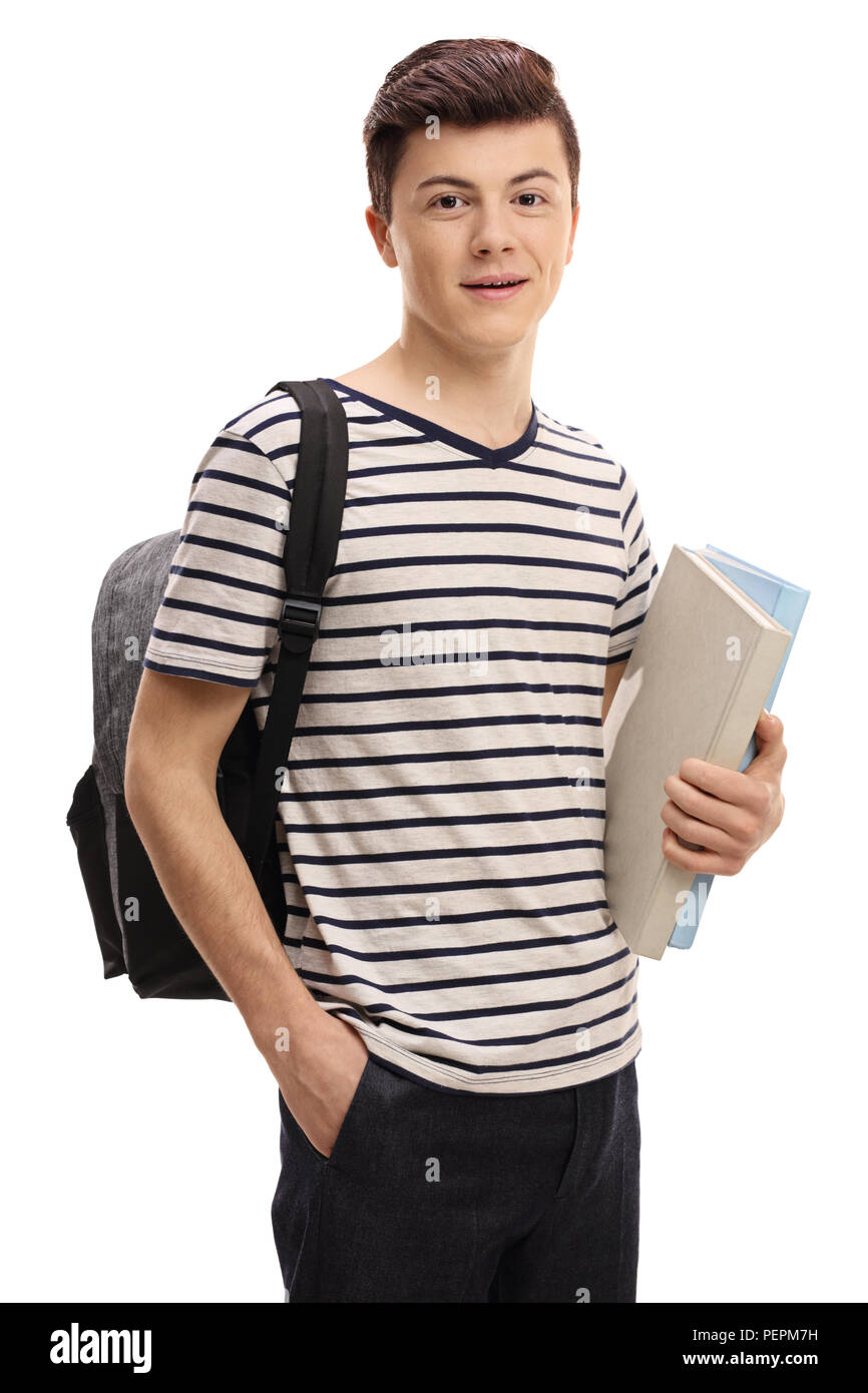 Teenage student with a backpack and books isolated on white background ...