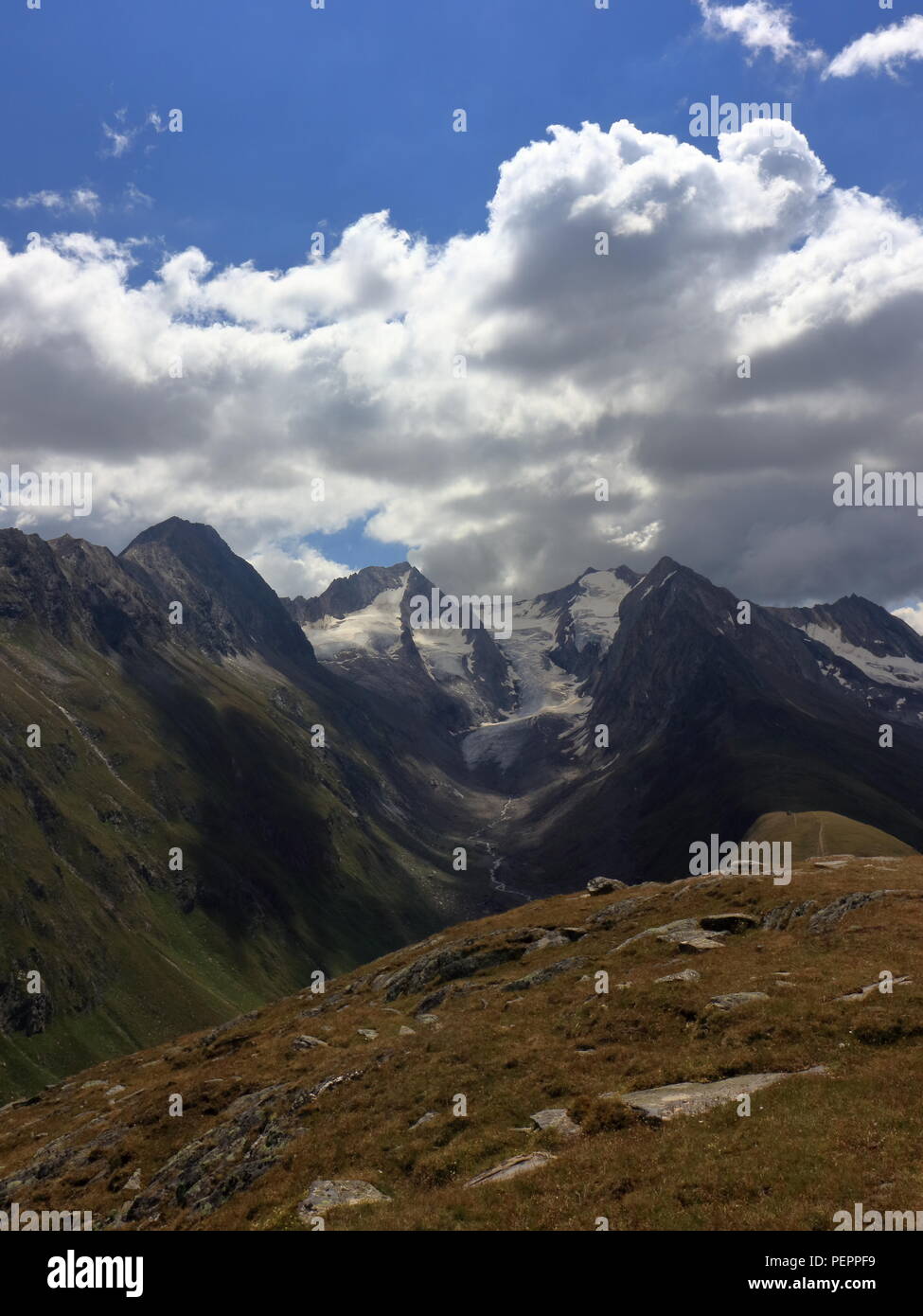 High mountains with glaciers near Obergurgl, Oetztal in Tyrol, Austria. Stock Photo