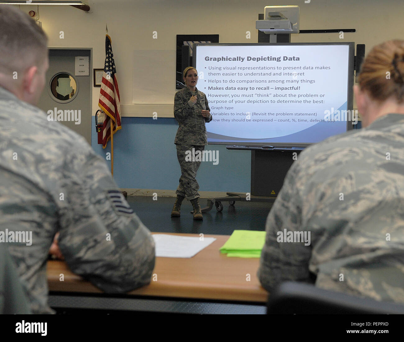 Capt. Lindsey Miller, U.S. Air Forces in Europe A9 operations research analyst, teaches a class on problem-solving during Problem Identification Training, Jan. 12, 2016, at Ramstein Air Base, Germany. The class consisted of a scenario and hands-on team problem-solving to give the Airmen the tools to think outside of the box when it comes to making processes more efficient. In March, Innovation Madness recognizes those Airmen with innovations and ideas improving their units and the Air Force as a whole. (U.S. Air Force photo/Airman 1st Class Larissa Greatwood) Stock Photo