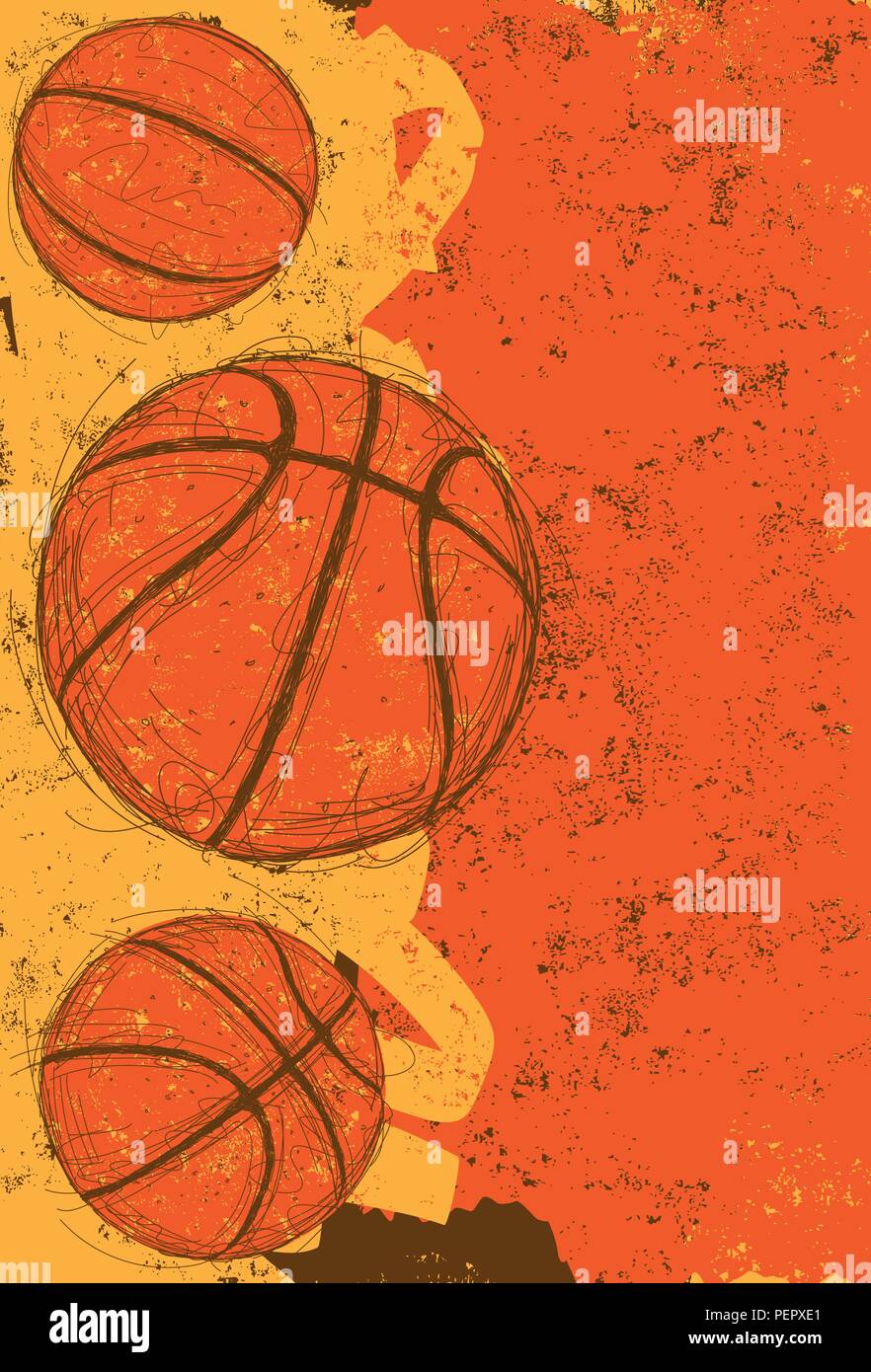Three basketballs. Sketchy, hand drawn basketballs over an abstract background. Stock Vector