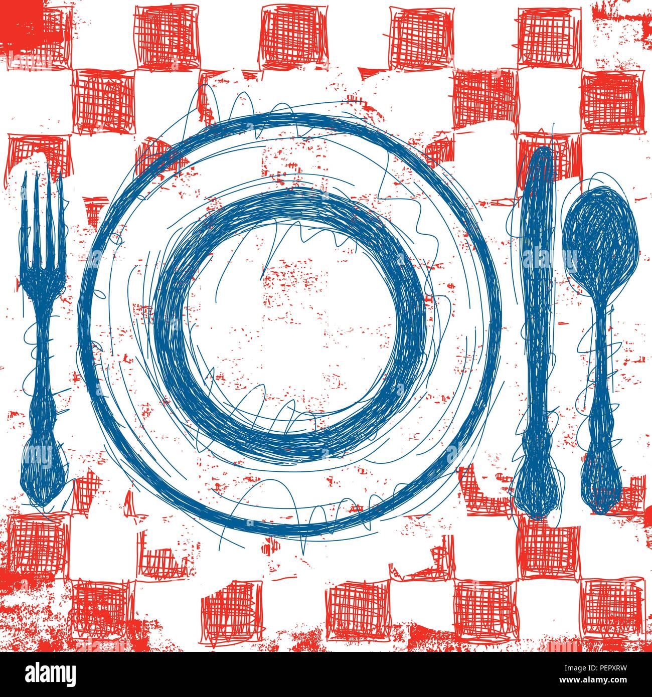 Blue Plate Special. Sketchy, hand drawn blue plate and silverware over an abstract red, checkerboard tablecloth background. Stock Vector
