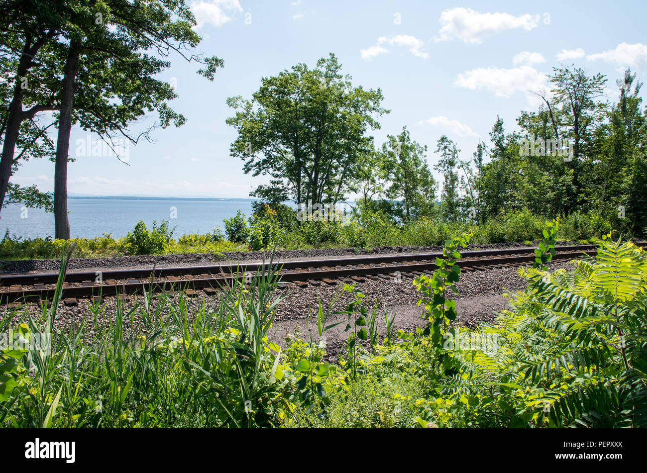Railroad tracks on the edge of Lake Champlain with trees and crushed stone Stock Photo