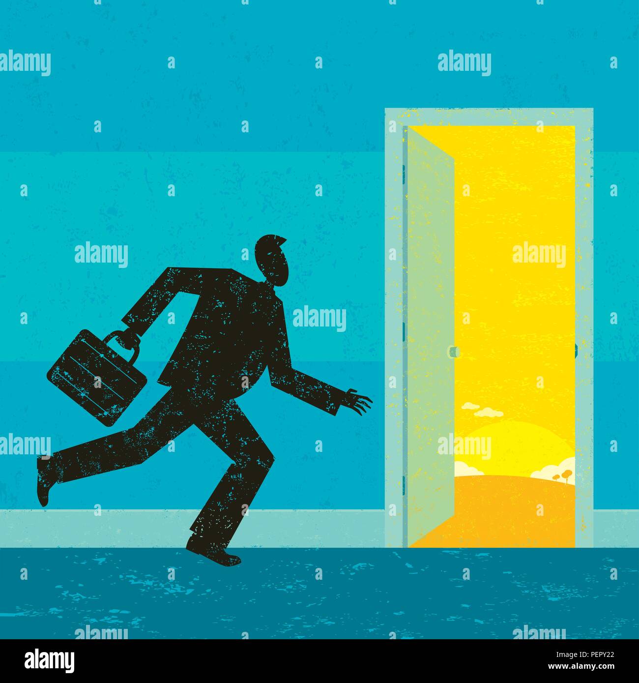 Finding New Opportunities. A businessman heading through a door to new opportunities. Stock Vector