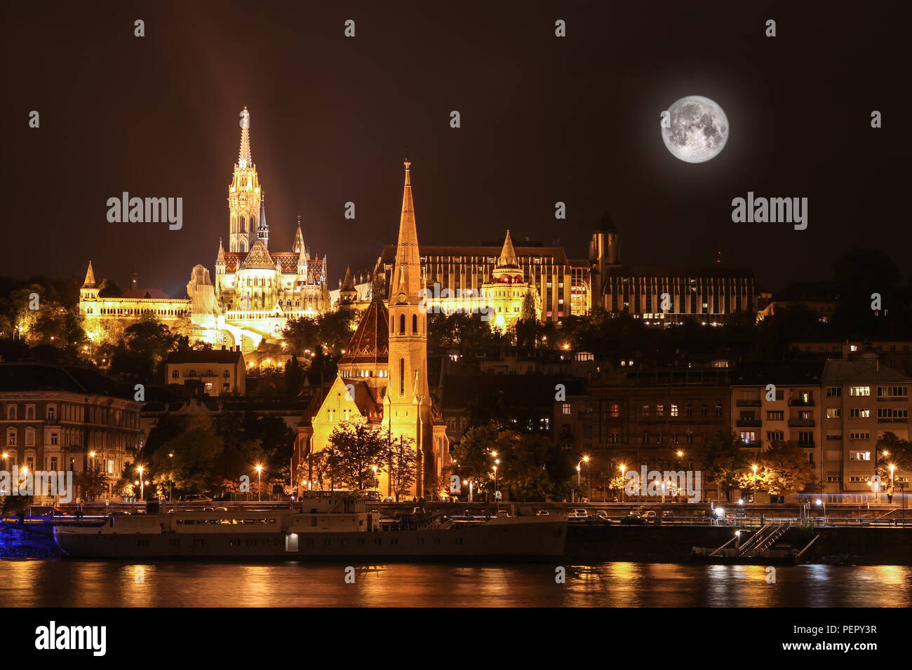 Night view of the Pest side of Budapest across the Danube River in