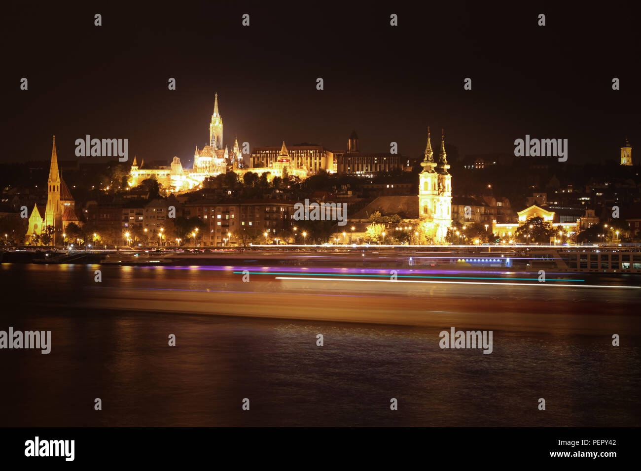 Night view of the Pest side of Budapest across the Danube River in Hungary, Europe Stock Photo