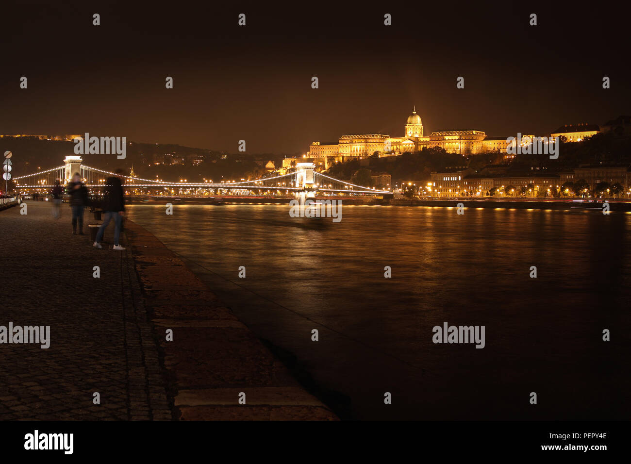 Night view  of the Pest side of Budapest across the Danube River in Hungary, Europe Stock Photo