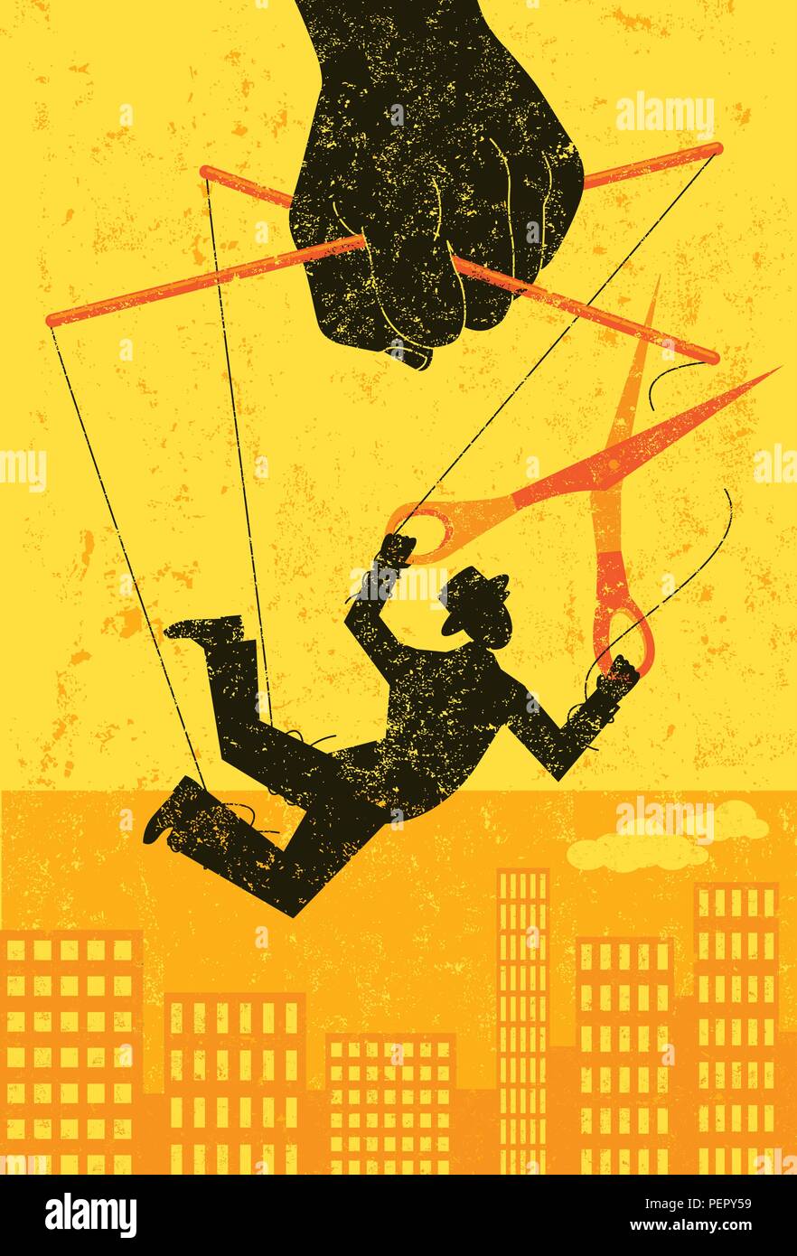 Escaping a controlling boss. A businessman, portrayed as a puppet on a string, cuts himself away to gain his freedom. Stock Vector