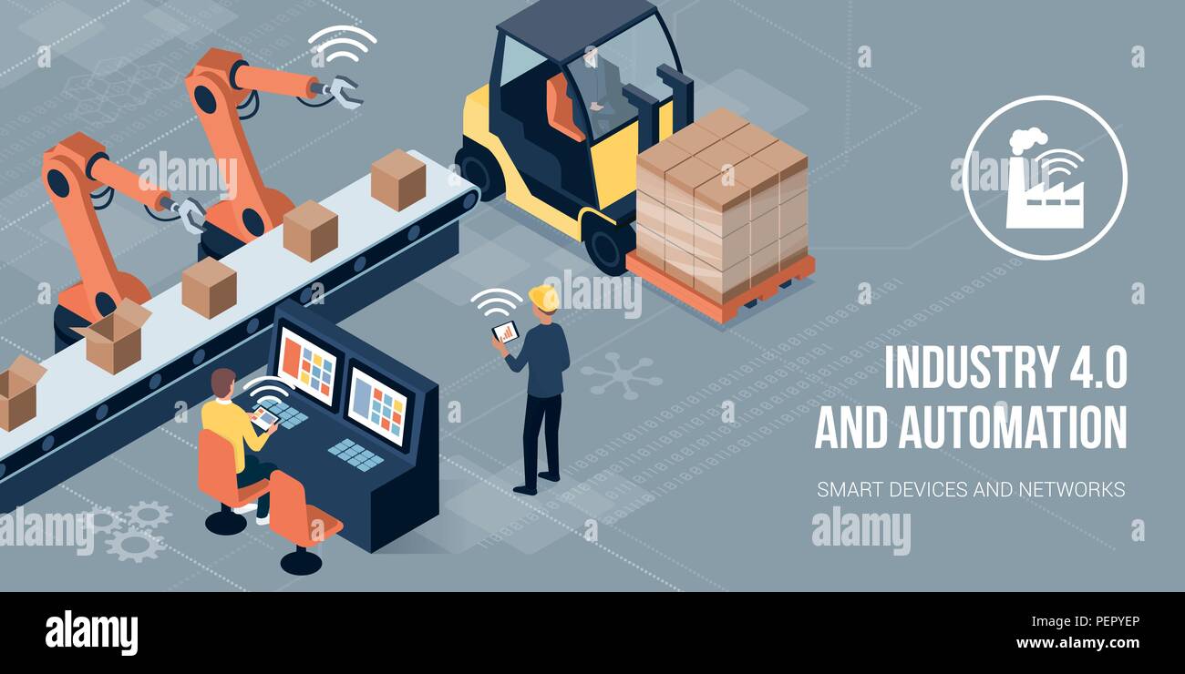 Engineers working in a factory and monitoring robots using HMI interfaces: industry 4.0 and automation concept Stock Vector