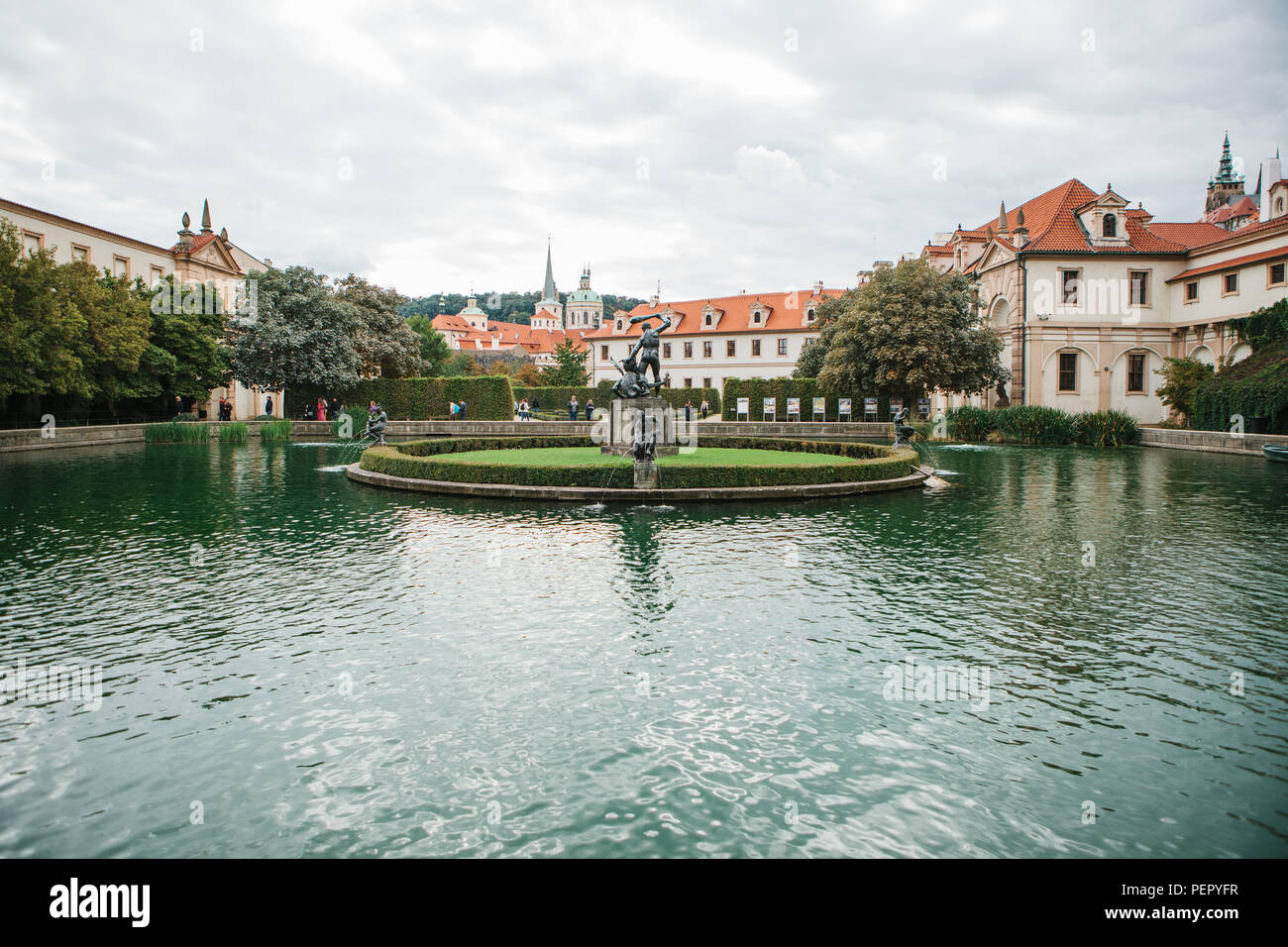 Beautiful view of the fountain in the Waldstein Garden in Prague in the Czech Republic. Stock Photo