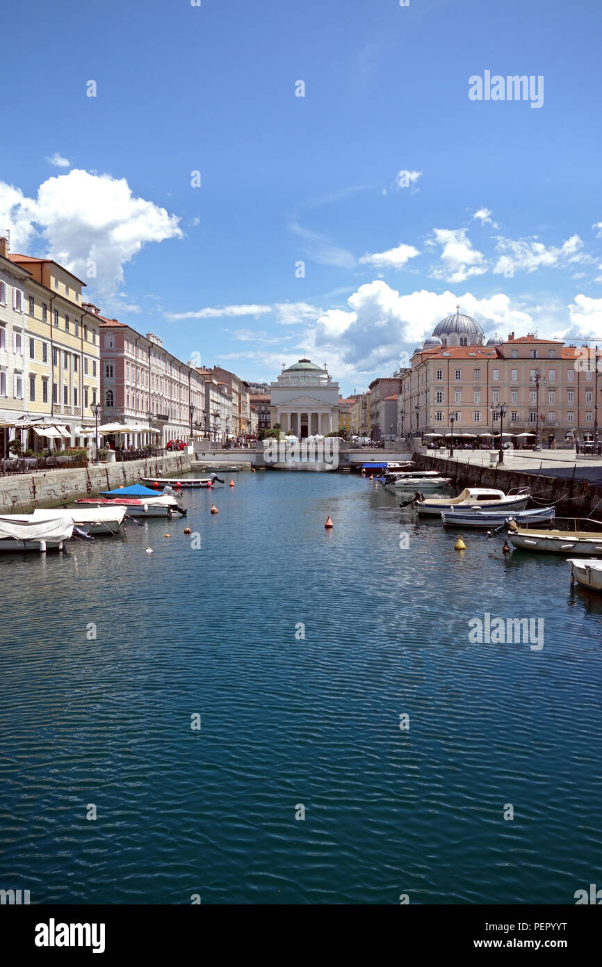 The Canal Grande with the Sant Antonio Nuovo church in Trieste, Italy. Stock Photo