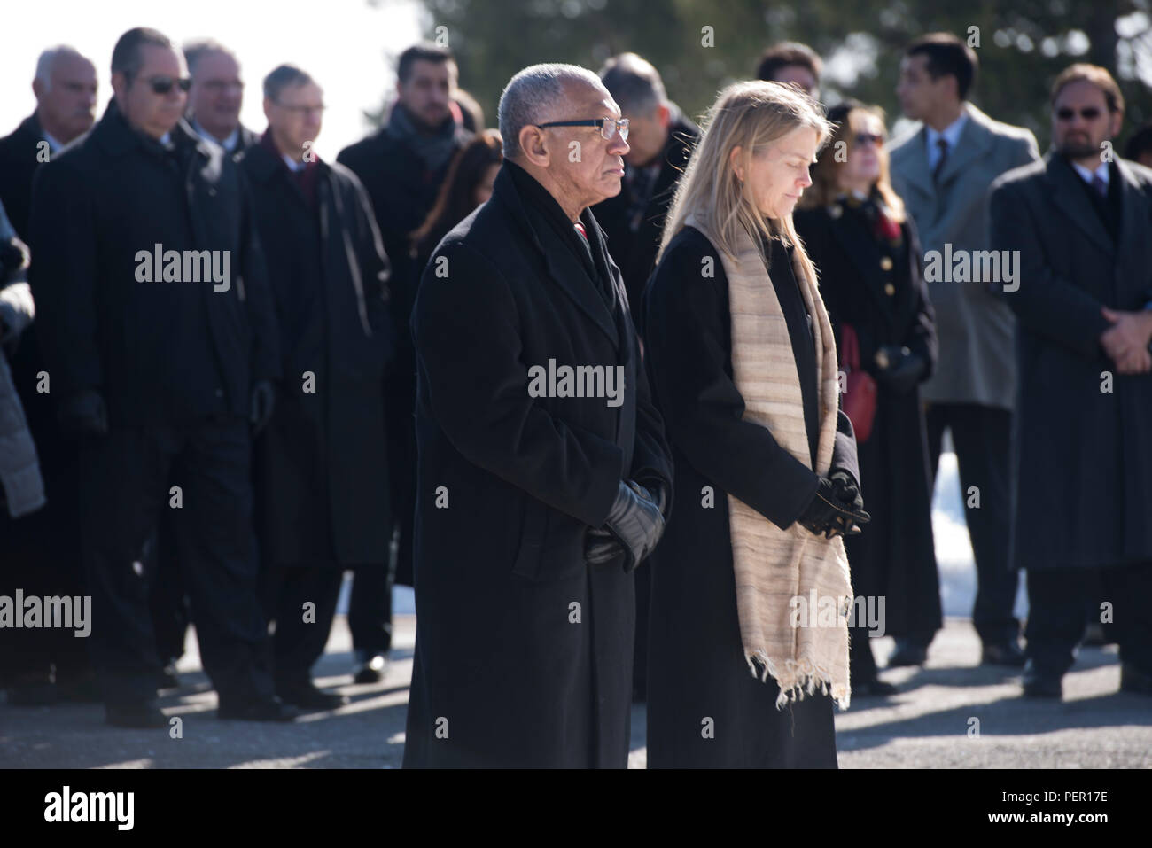 NASA Administrator Charles Bolden, left, and Deputy Administrator Dava Newman, right, face the gravesite of U.S. Air Force Lt. Col. Virgil Grissom in Arlington National Cemetery during NASA’s Day of Remembrance at Arlington National Cemetery, Jan. 28, 2016, in Arlington, Va. Jan. 28 marks the 30th anniversary of the Challenger accident, though all of those “who lost their lives while furthering the cause of exploration and discovery.” In addition, attendees visited the graves of U.S. Air Force Lt. Col. Virgil Grissom and Lt. Cmdr. Roger Chaffee, who were killed in a fire on Apollo 1. (U.S. Arm Stock Photo