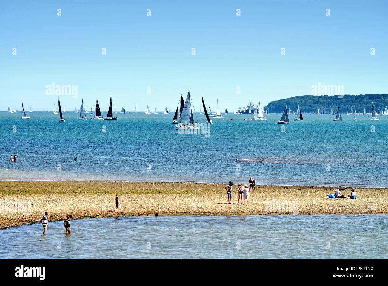 The Solent and The Isle of Wight during Cowes Week viewed from Lepe beach Hampshire England UK Stock Photo