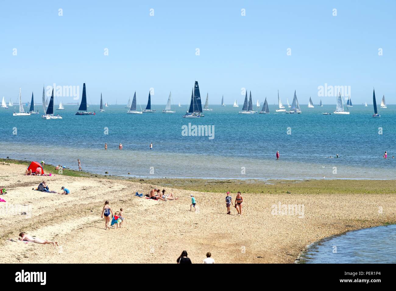 The Solent and The Isle of Wight during Cowes Week viewed from Lepe beach Hampshire England UK Stock Photo