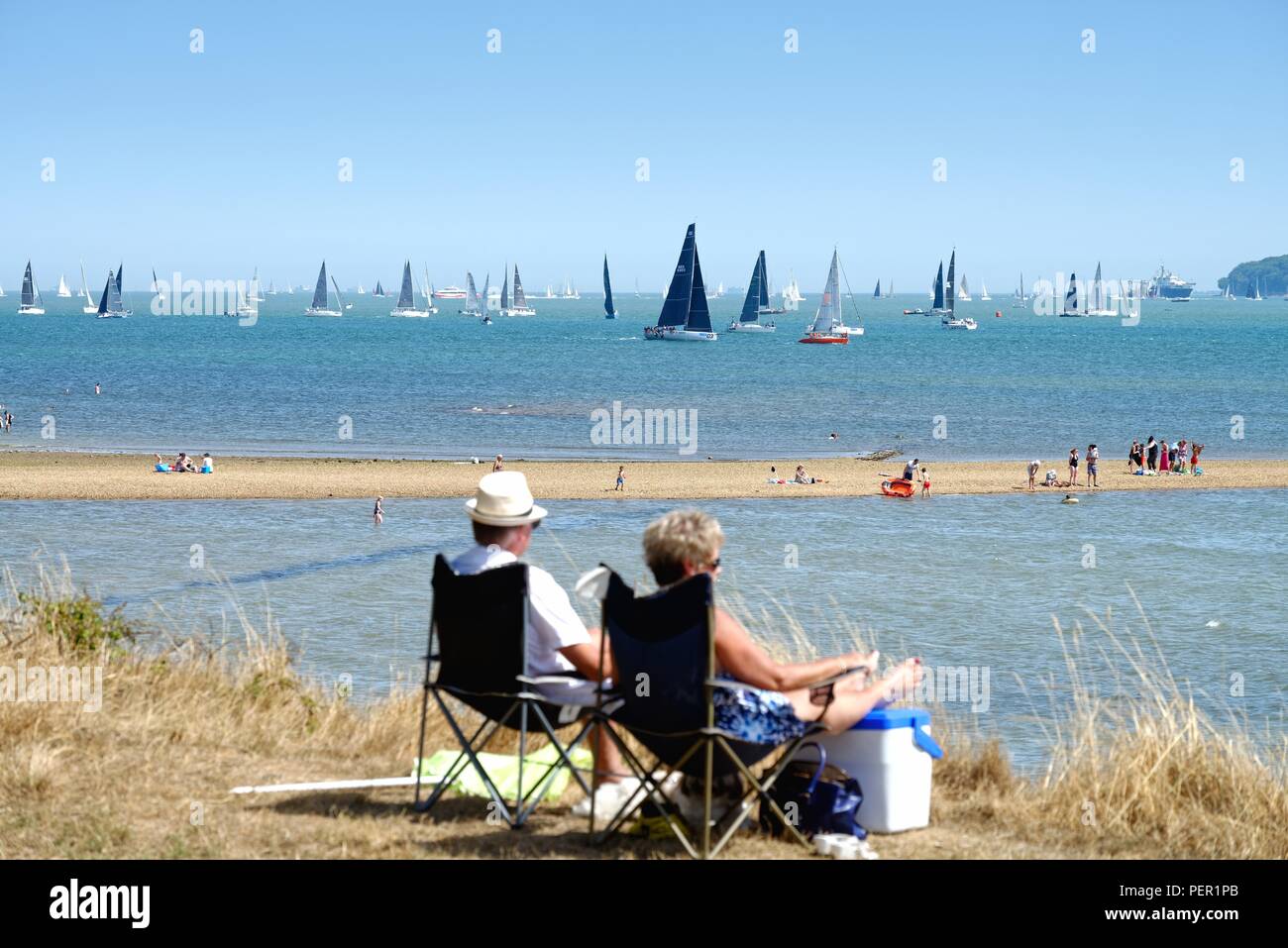 The Solent and The Isle of Wight during Cowes Week viewed from Lepe beach Hampshire England UK Stock Photo