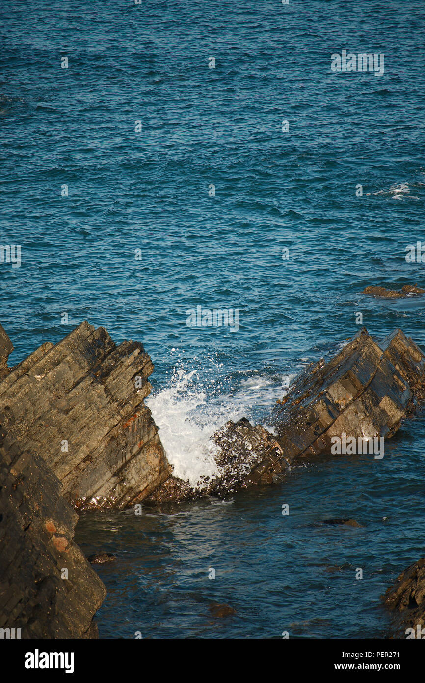A portrait orientated view of waves breaking on rocks on the North Devon (UK) coastline. Stock Photo