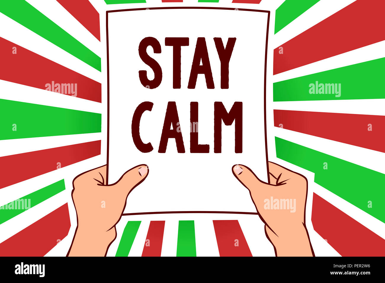 Writing note showing Stay Calm. Business photo showcasing Maintain in a state of motion smoothly even under pressure Man holding paper important messa Stock Photo